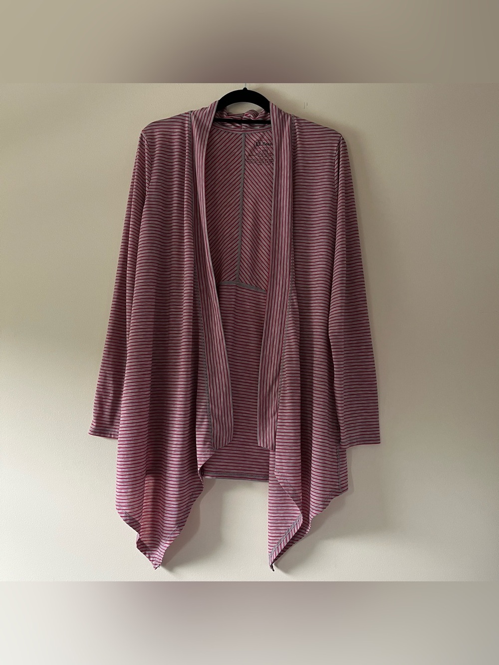 L.L. Bean Red & Gray Striped Open-Front Draped Cardigan
